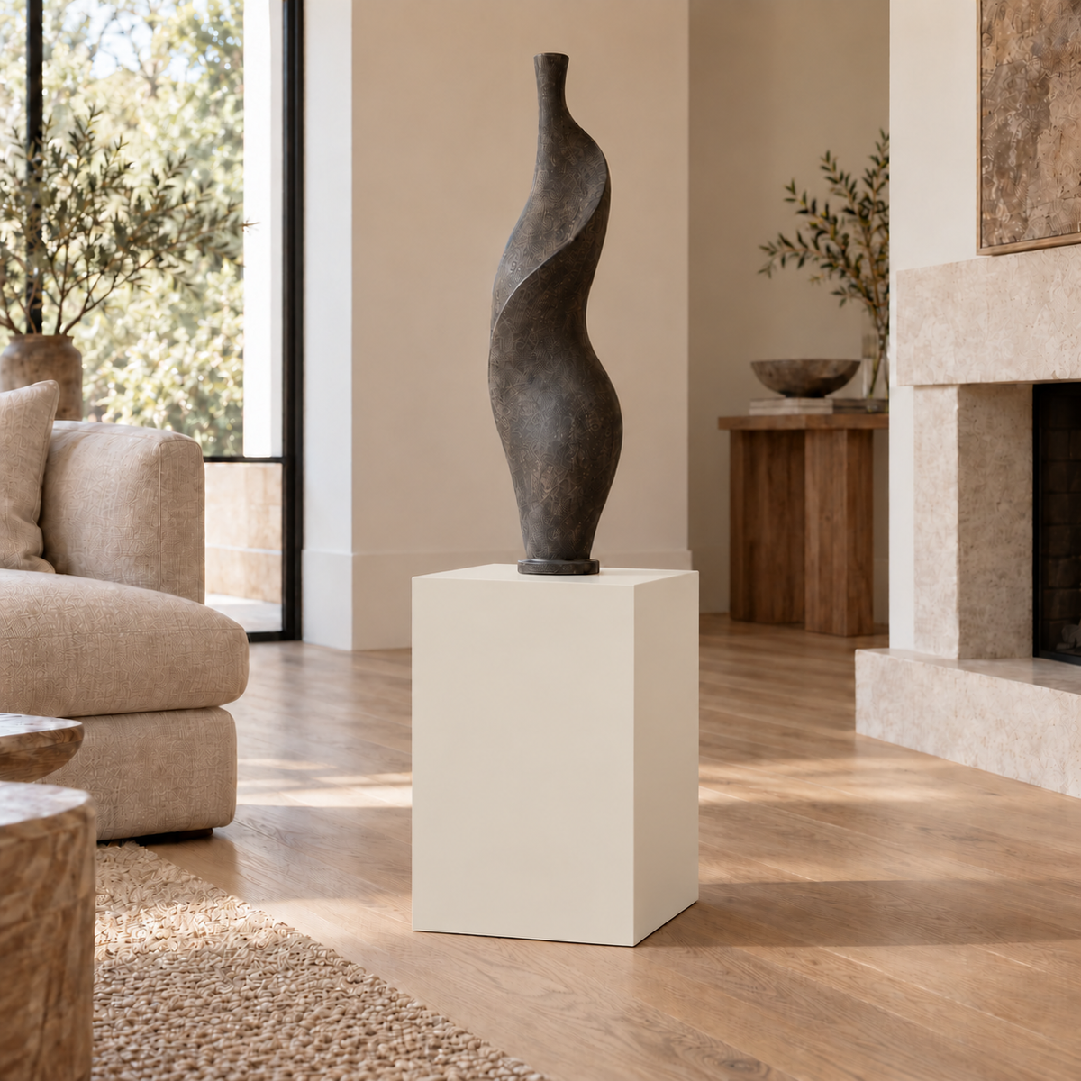 Shoji White SW 7042 painted display pedestal in a 02 low living room narrow setting; representative room rendering.