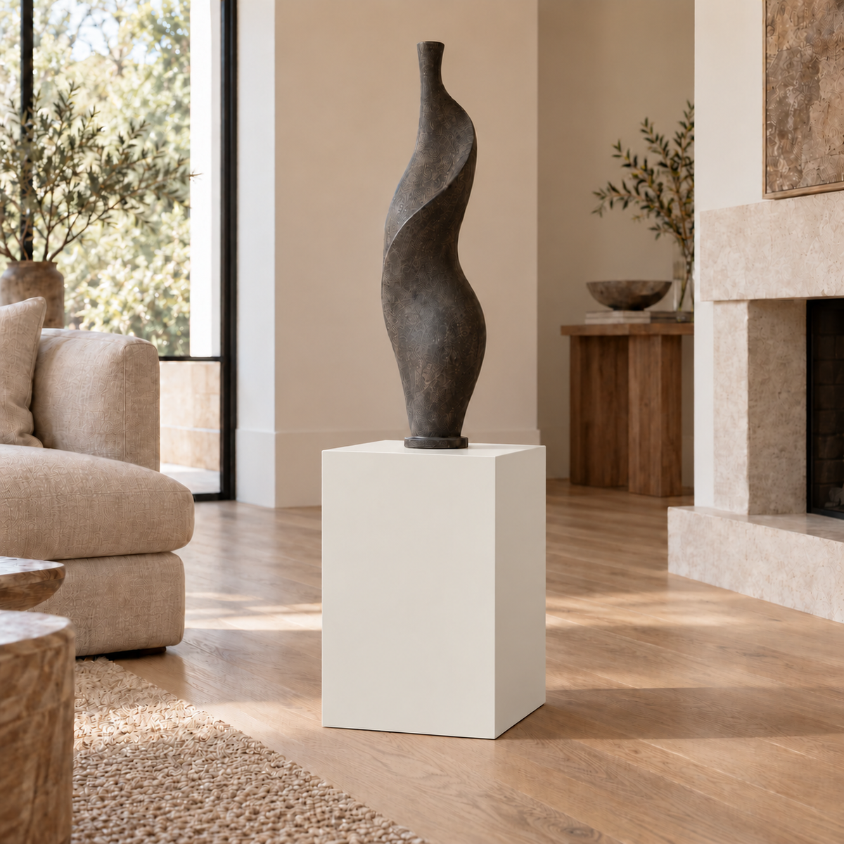 Origami White SW 7636 painted display pedestal in a 02 low living room narrow setting; representative room rendering.