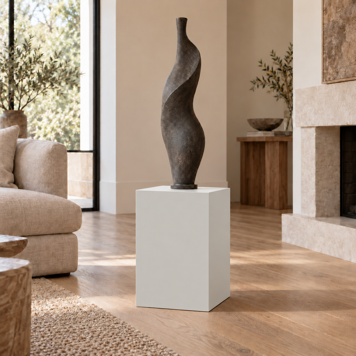First Star SW 7646 painted display pedestal in a 02 low living room narrow setting; representative room rendering.