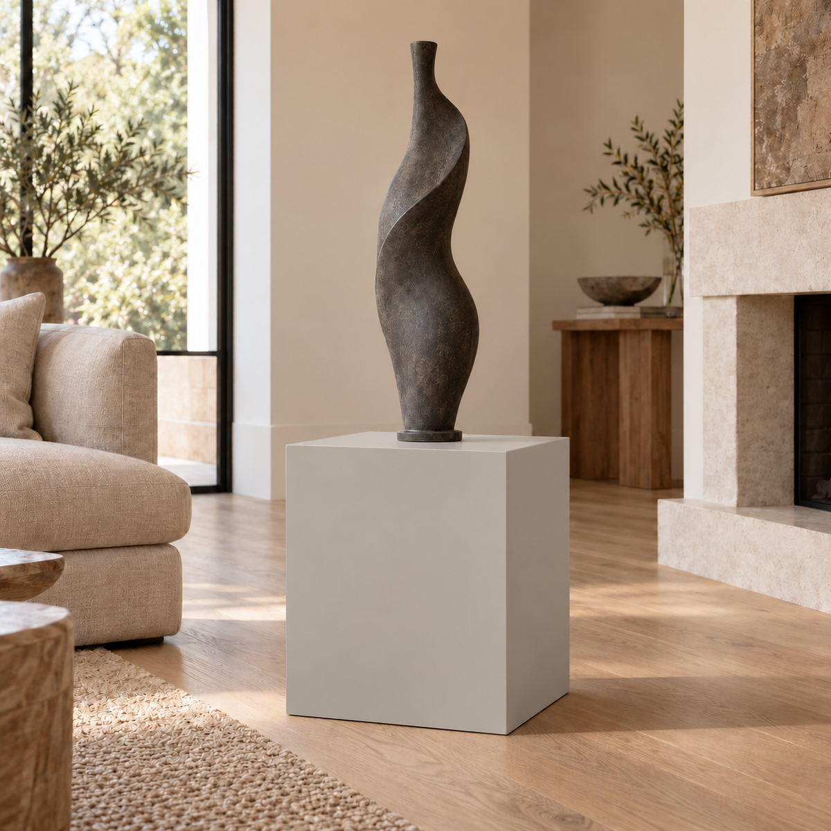 Repose Gray SW 7015 painted display pedestal in a 02 low living room setting; representative room rendering.