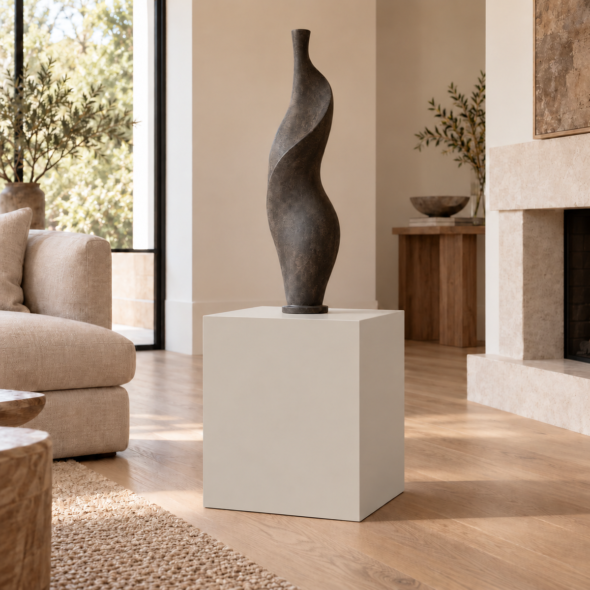 Agreeable Gray SW 7029 painted display pedestal in a 02 low living room setting; representative room rendering.