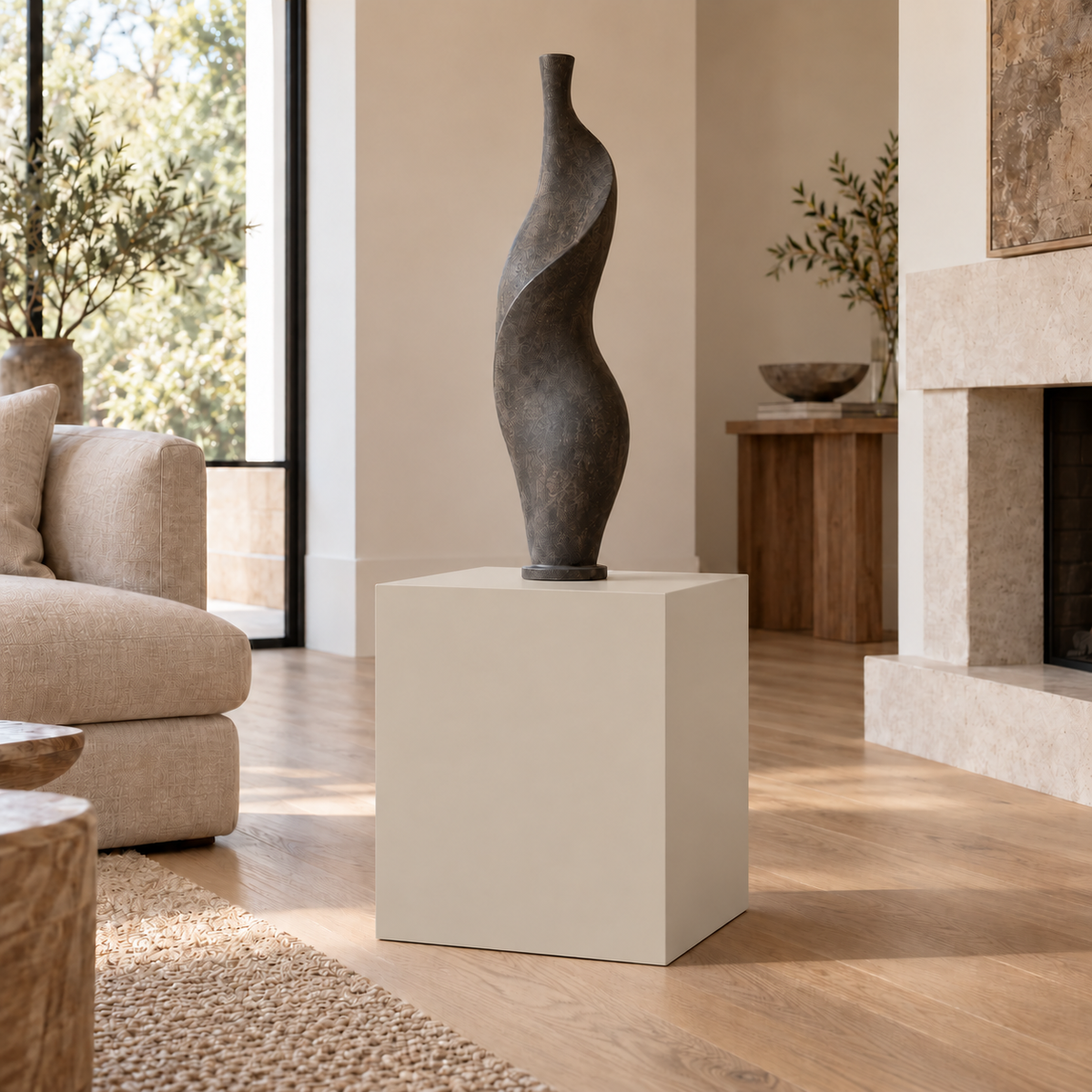 Accessible Beige SW 7036 painted display pedestal in a 02 low living room setting; representative room rendering.