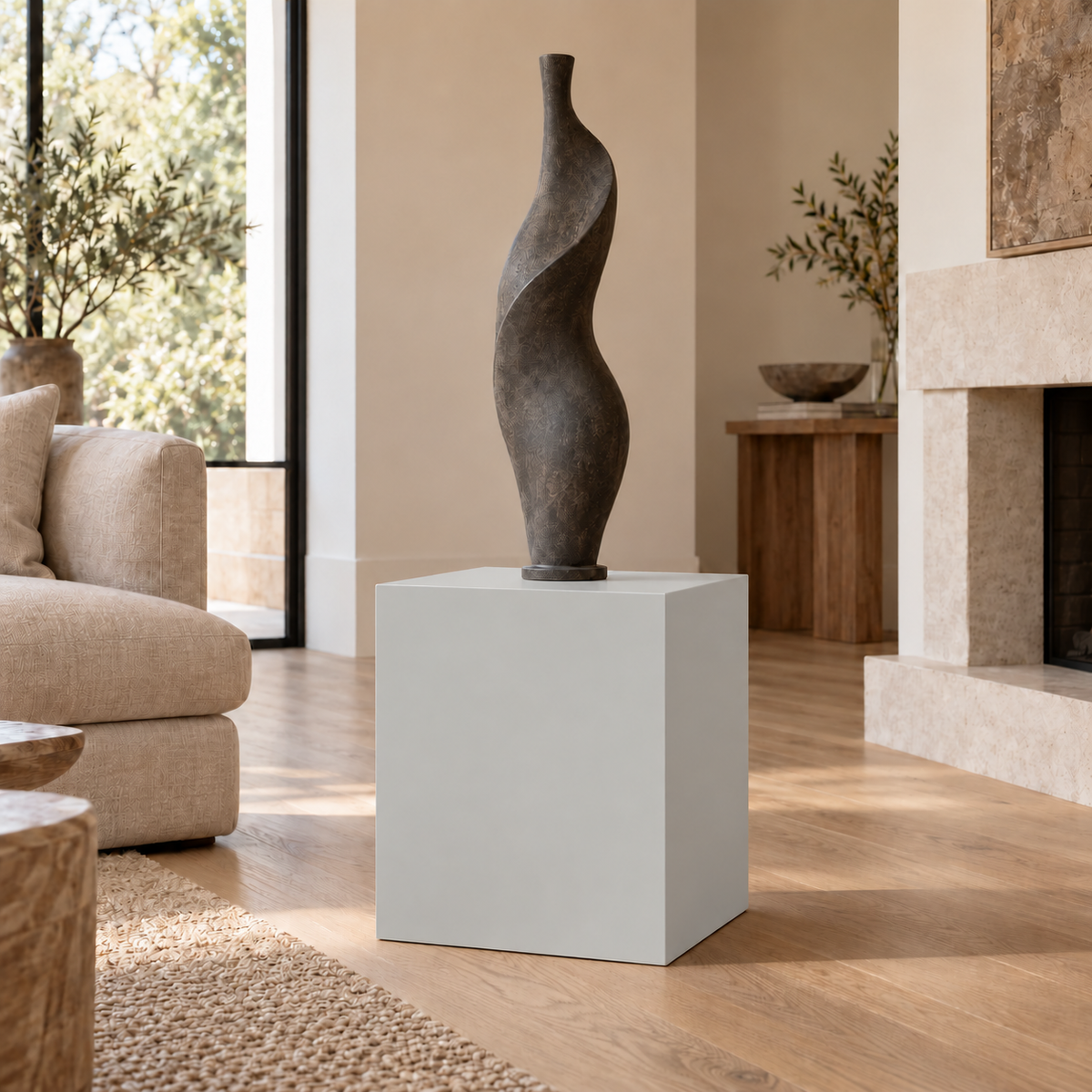 Passive SW 7064 painted display pedestal in a 02 low living room setting; representative room rendering.