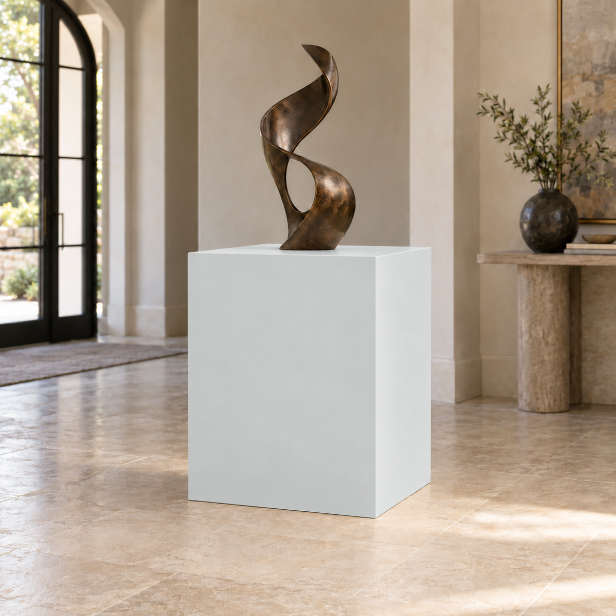 Olympus White SW 6253 painted display pedestal in a 03 mid foyer broad setting; representative room rendering.