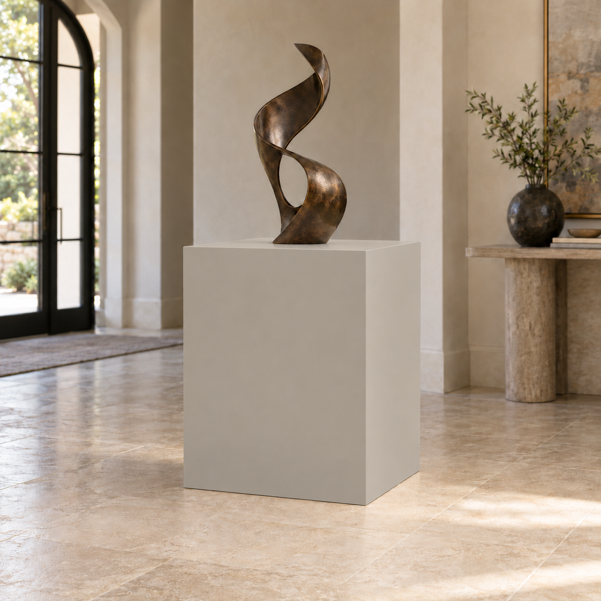 Mindful Gray SW 7016 painted display pedestal in a 03 mid foyer broad setting; representative room rendering.