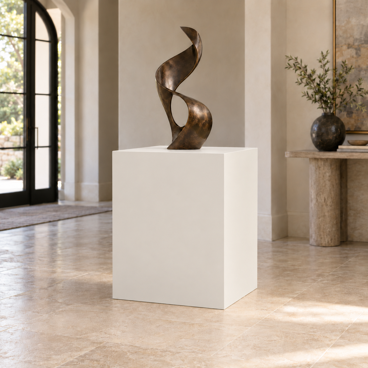 Incredible White SW 7028 painted display pedestal in a 03 mid foyer broad setting; representative room rendering.