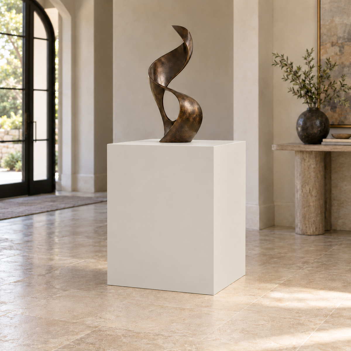 Aesthetic White SW 7035 painted display pedestal in a 03 mid foyer broad setting; representative room rendering.
