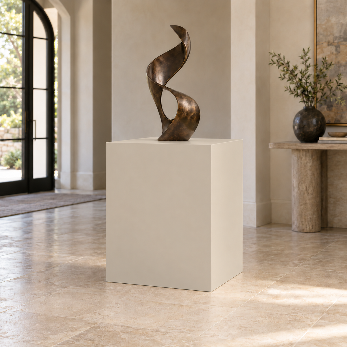 Accessible Beige SW 7036 painted display pedestal in a 03 mid foyer broad setting; representative room rendering.