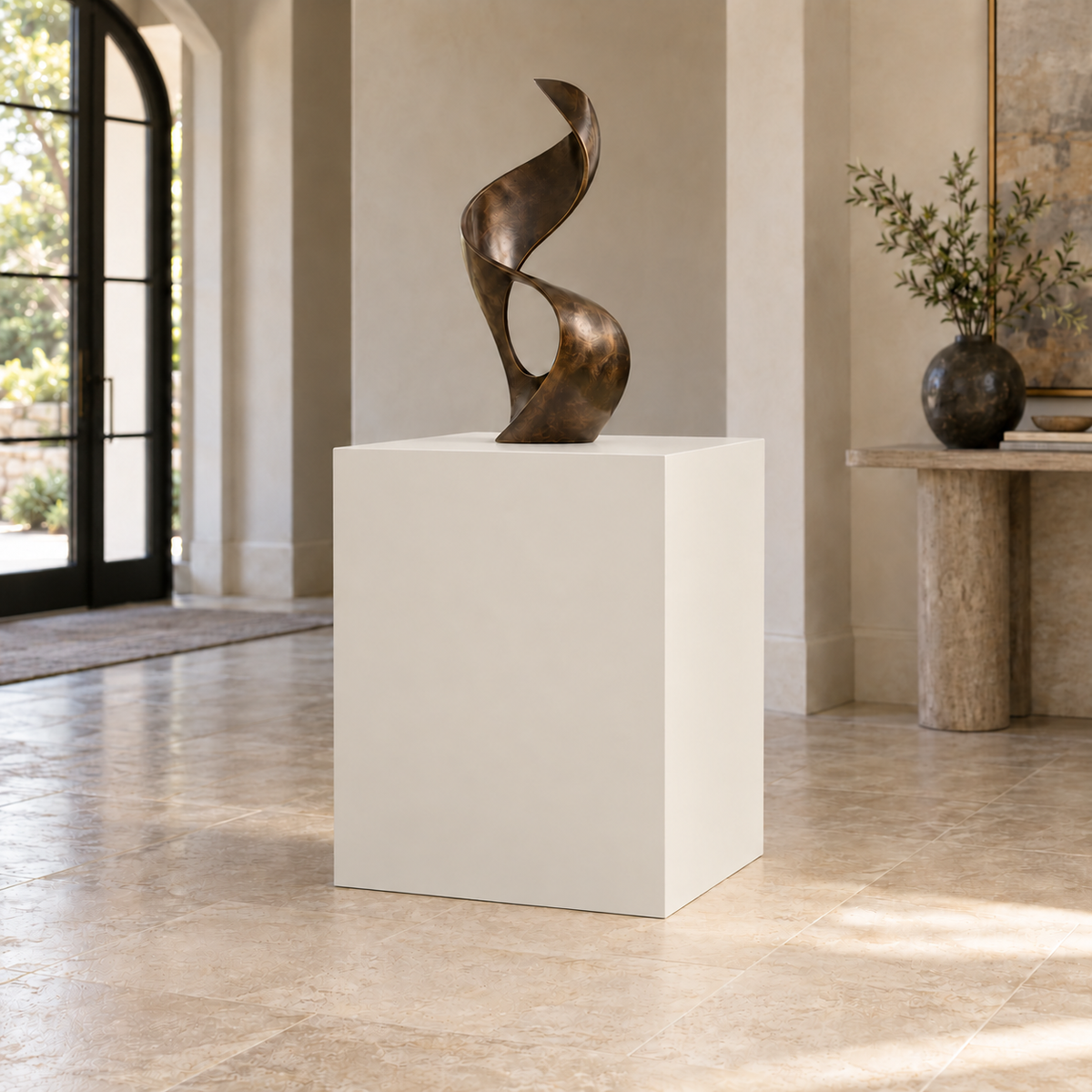 Egret White SW 7570 painted display pedestal in a 03 mid foyer broad setting; representative room rendering.