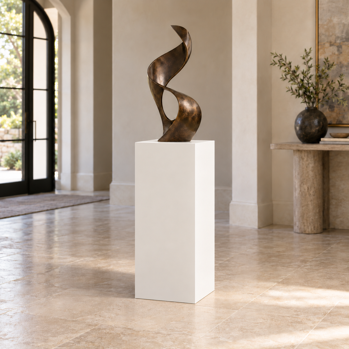 Pure White SW 7005 painted display pedestal in a 03 mid foyer narrow setting; representative room rendering.