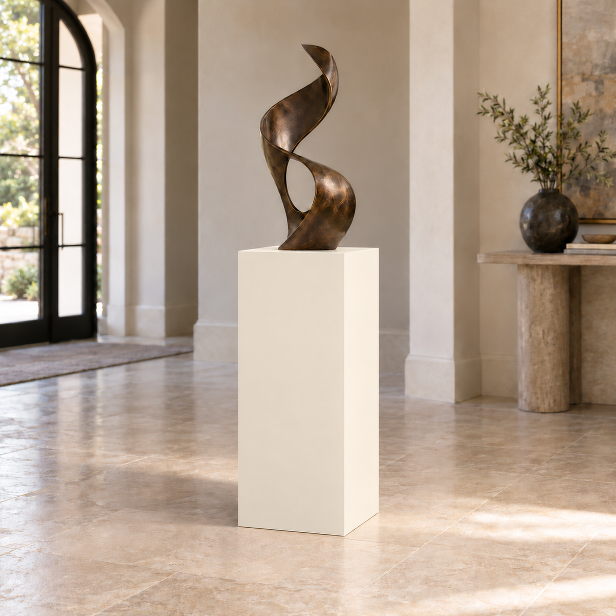Creamy SW 7012 painted display pedestal in a 03 mid foyer narrow setting; representative room rendering.