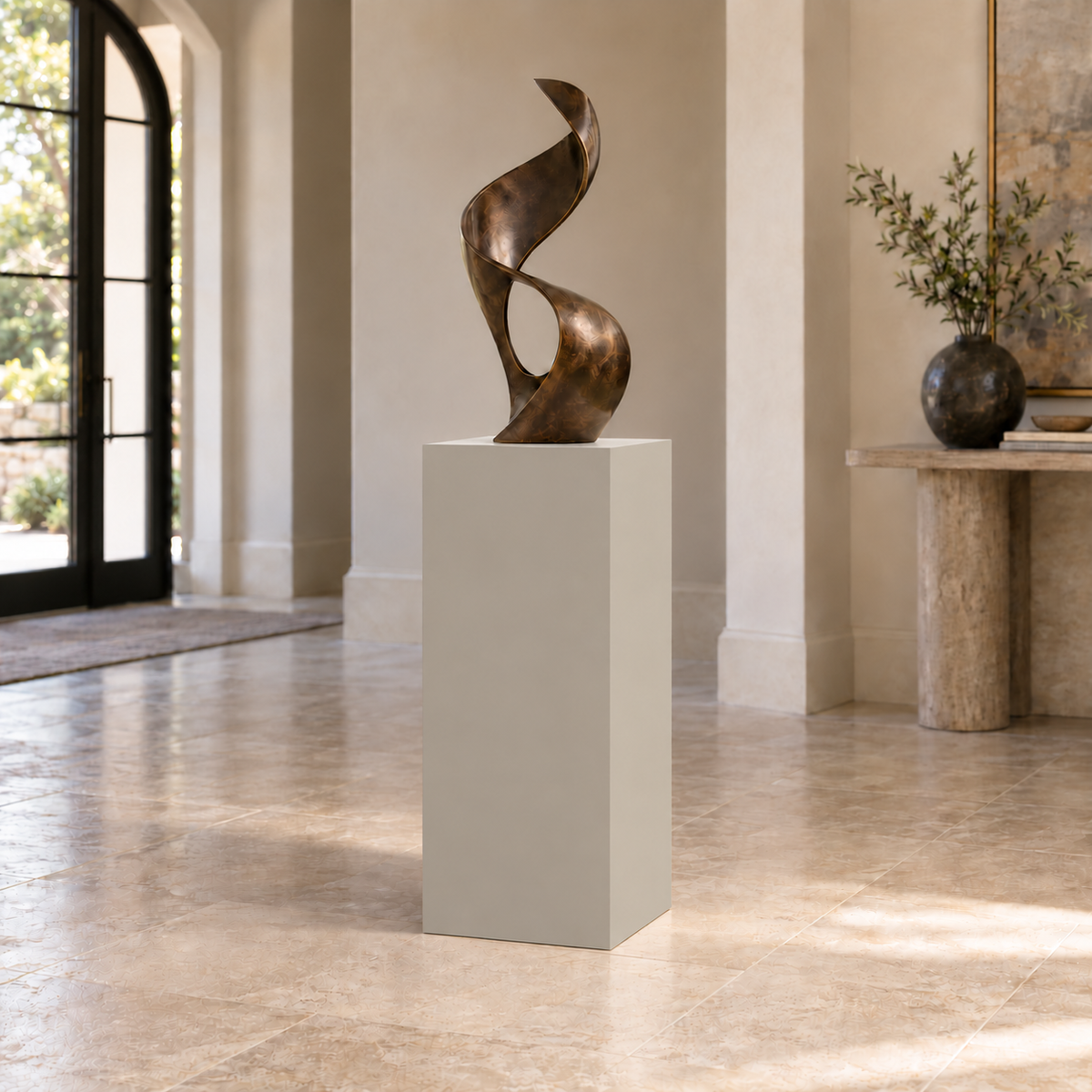 Mindful Gray SW 7016 painted display pedestal in a 03 mid foyer narrow setting; representative room rendering.