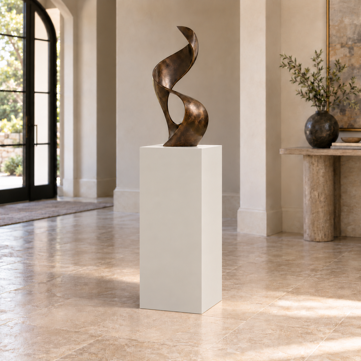 Crushed Ice SW 7647 painted display pedestal in a 03 mid foyer narrow setting; representative room rendering.