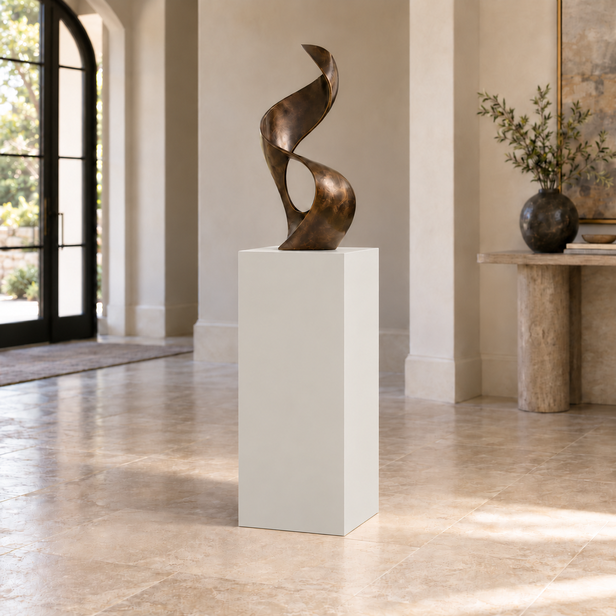 Drift of Mist SW 9166 painted display pedestal in a 03 mid foyer narrow setting; representative room rendering.