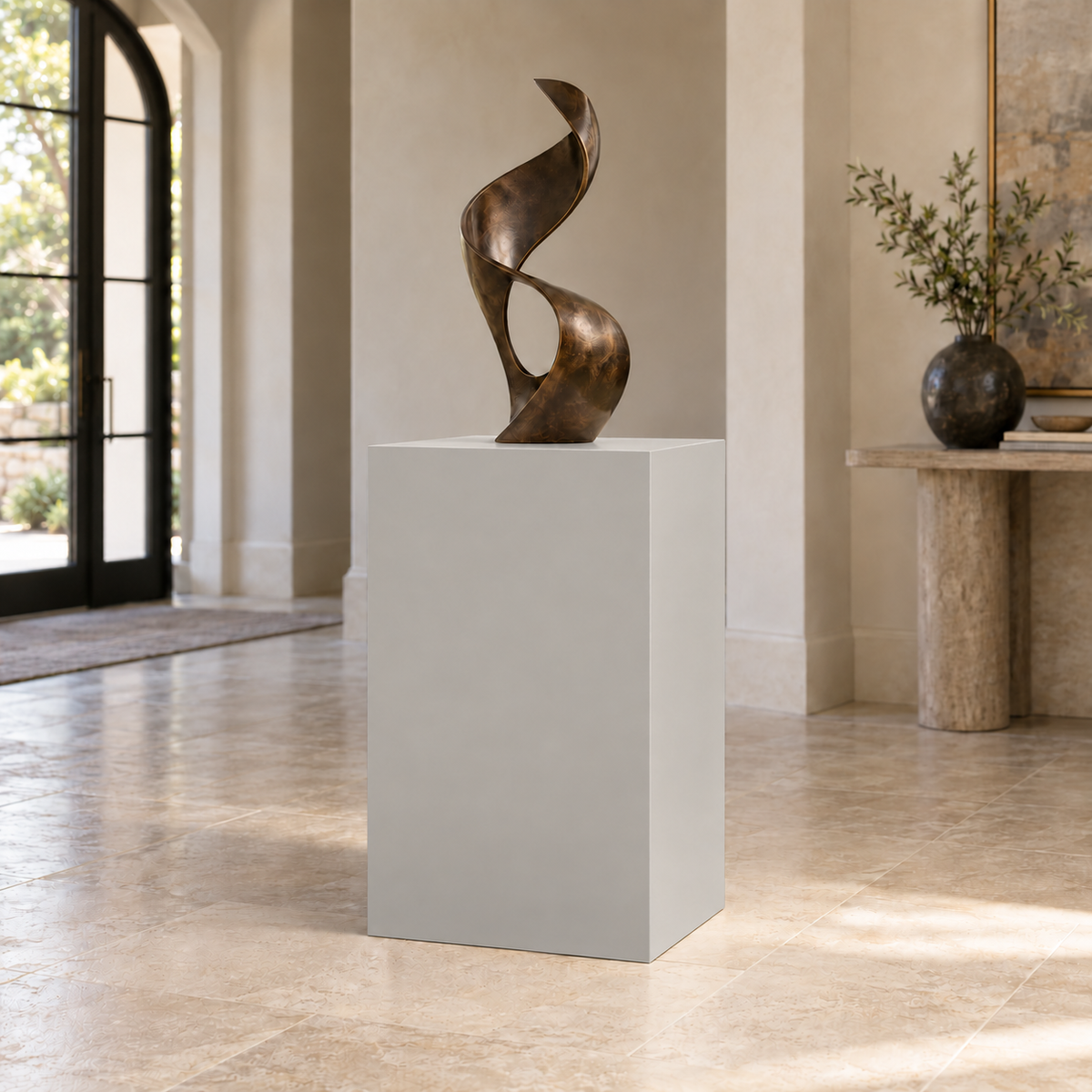 Light French Gray SW 0055 painted display pedestal in a 03 mid foyer setting; representative room rendering.