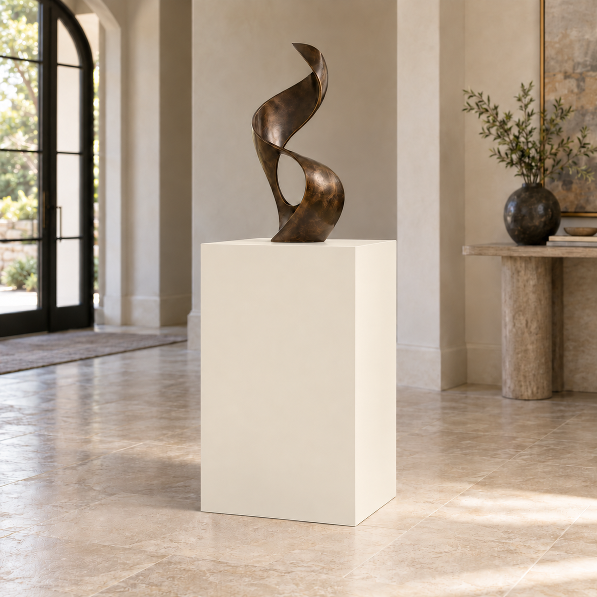 Creamy SW 7012 painted display pedestal in a 03 mid foyer setting; representative room rendering.