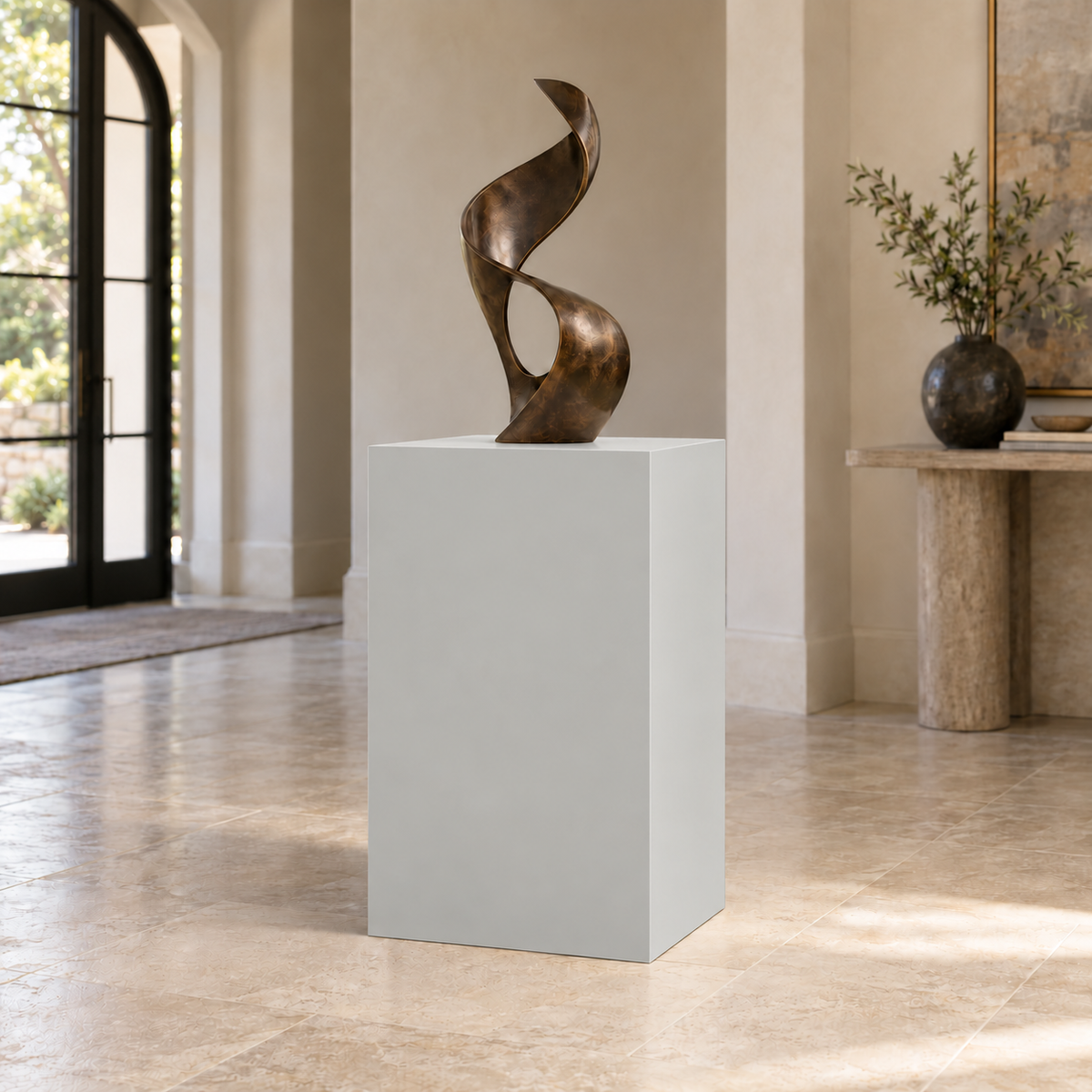 Passive SW 7064 painted display pedestal in a 03 mid foyer setting; representative room rendering.