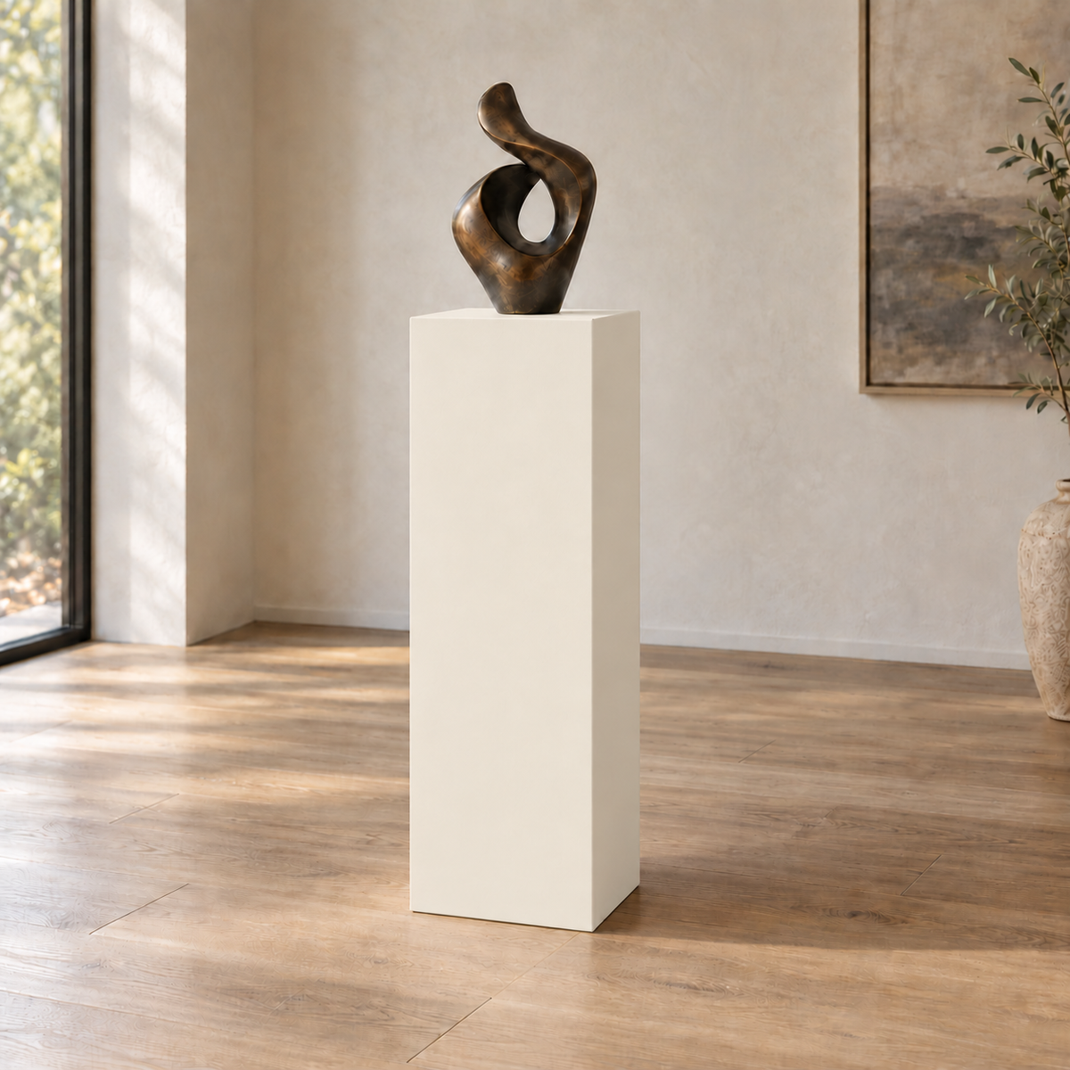 Creamy SW 7012 painted display pedestal in a 04 tall gallery nook slender setting; representative room rendering.