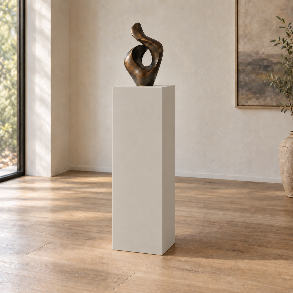 Agreeable Gray SW 7029 painted display pedestal in a 04 tall gallery nook slender setting; representative room rendering.