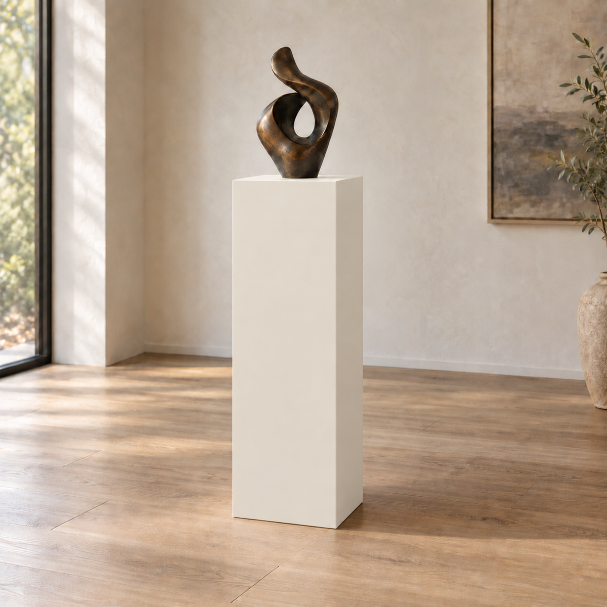 Shoji White SW 7042 painted display pedestal in a 04 tall gallery nook slender setting; representative room rendering.