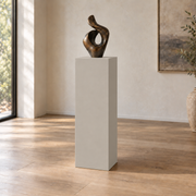 Worldly Gray SW 7043 painted display pedestal in a 04 tall gallery nook slender setting; representative room rendering.