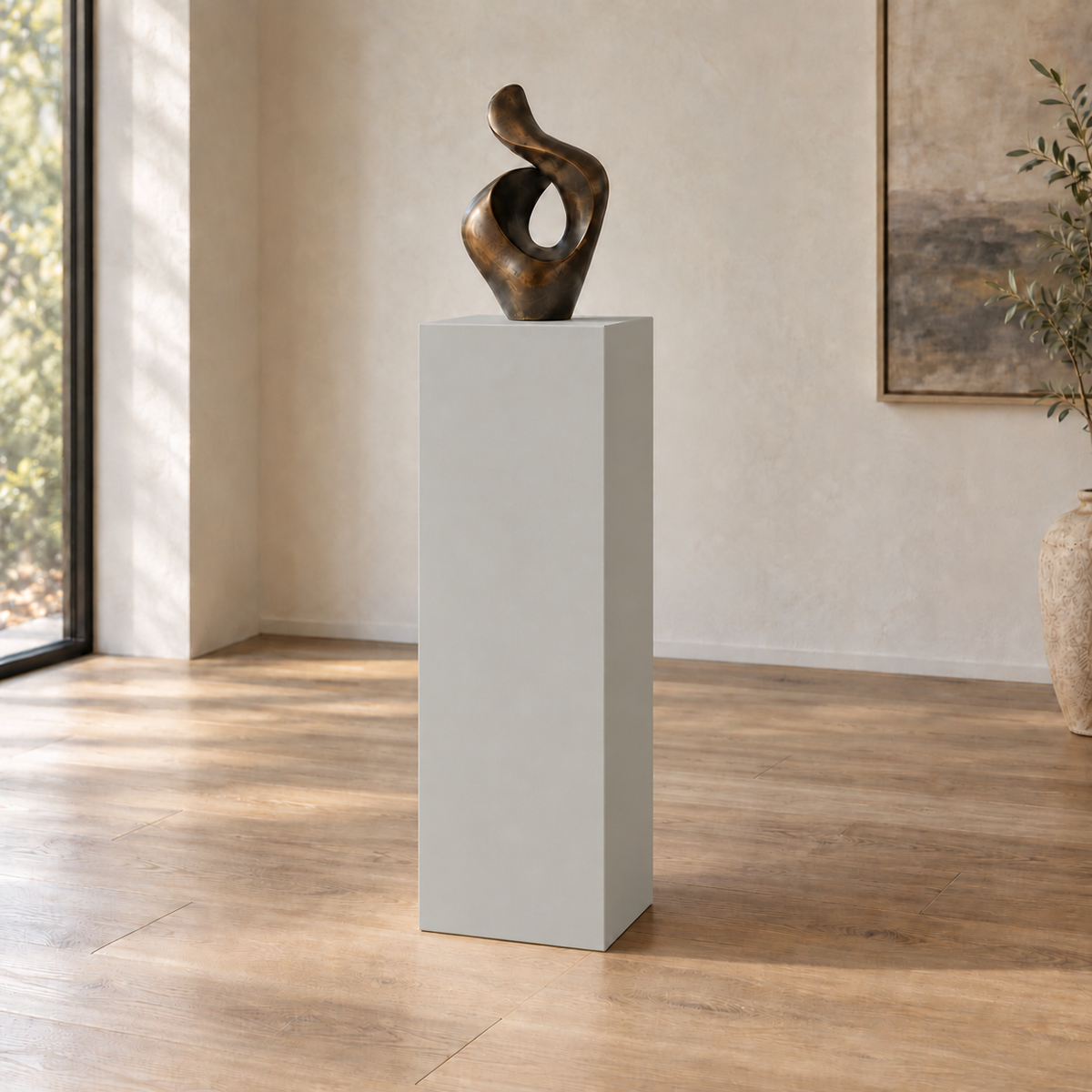 Passive SW 7064 painted display pedestal in a 04 tall gallery nook slender setting; representative room rendering.