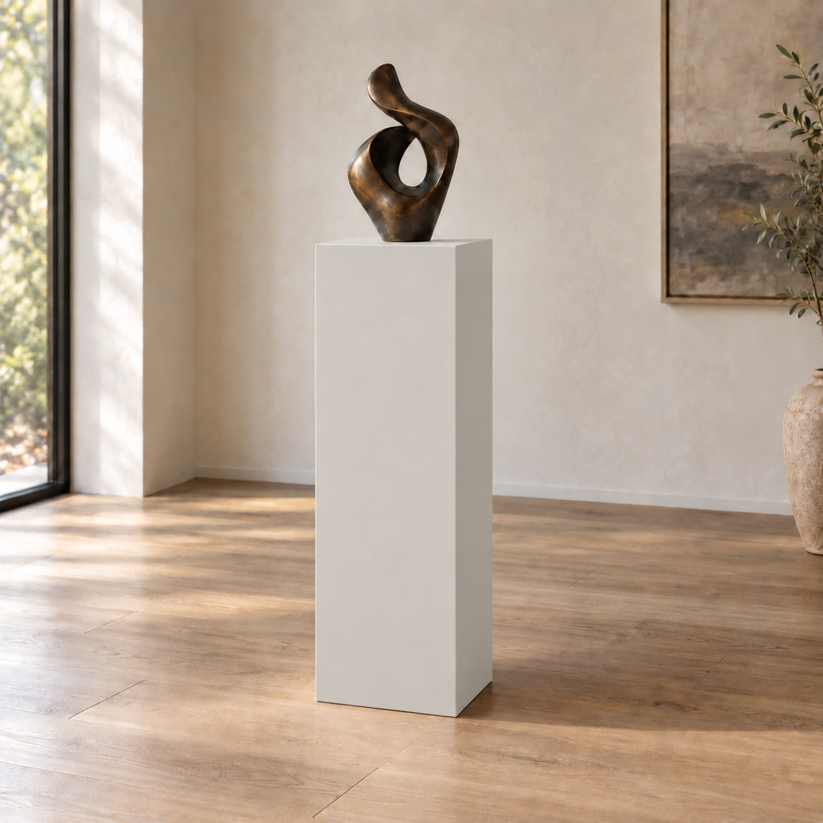 Crushed Ice SW 7647 painted display pedestal in a 04 tall gallery nook slender setting; representative room rendering.