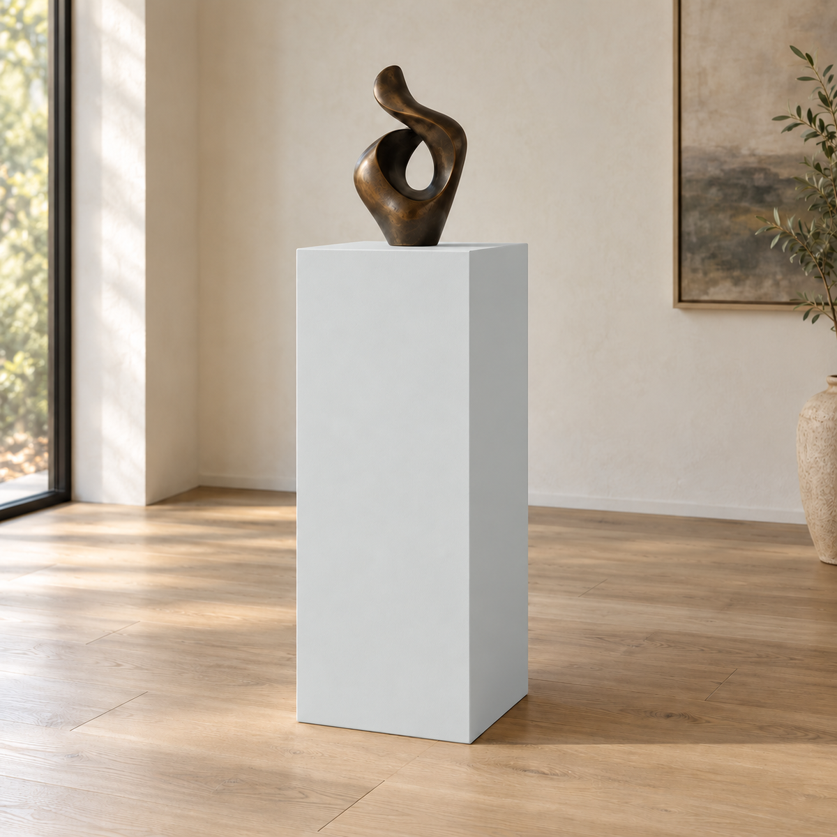Olympus White SW 6253 painted display pedestal in a 04 tall gallery nook setting; representative room rendering.