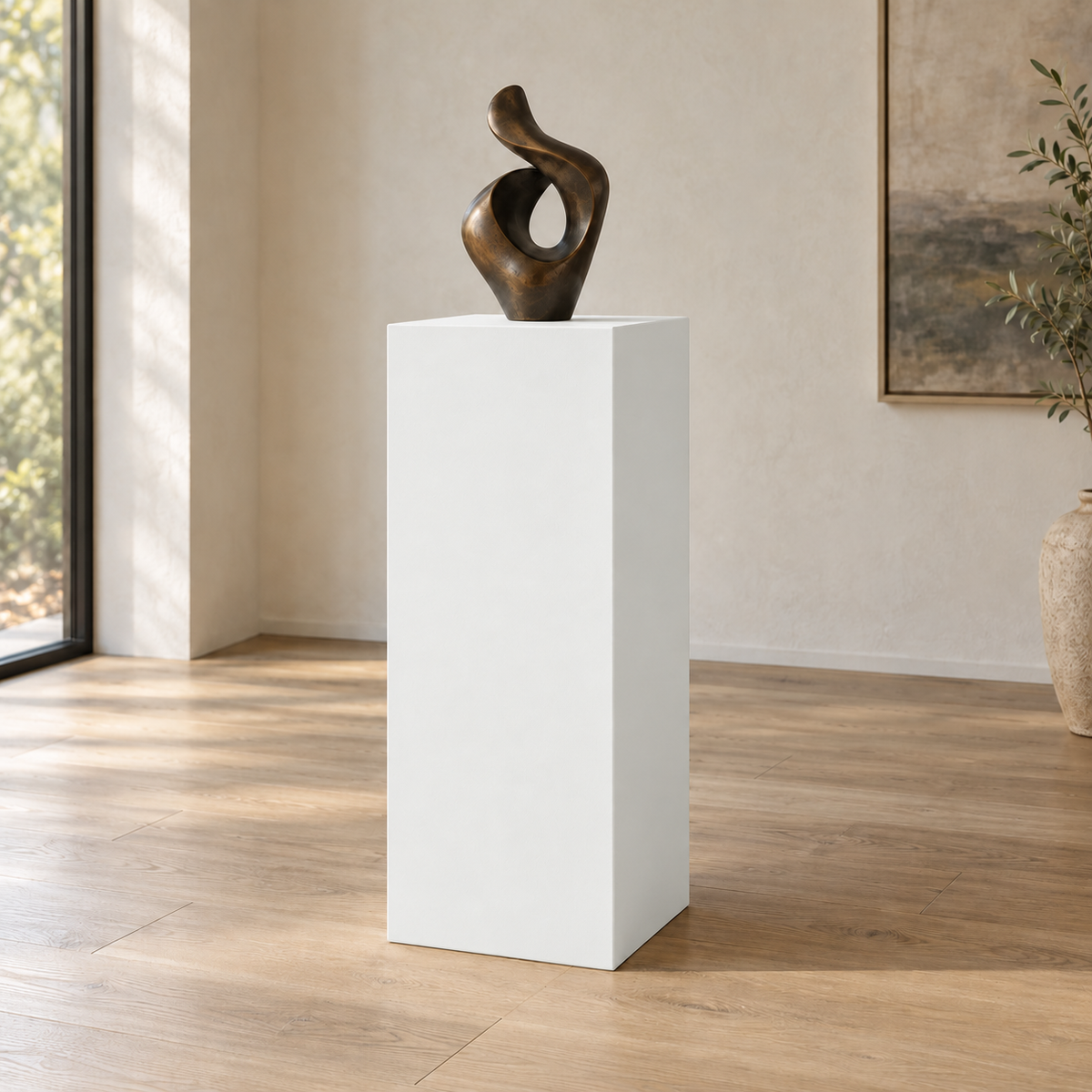 Ceiling Bright White SW 7007 painted display pedestal in a 04 tall gallery nook setting; representative room rendering.