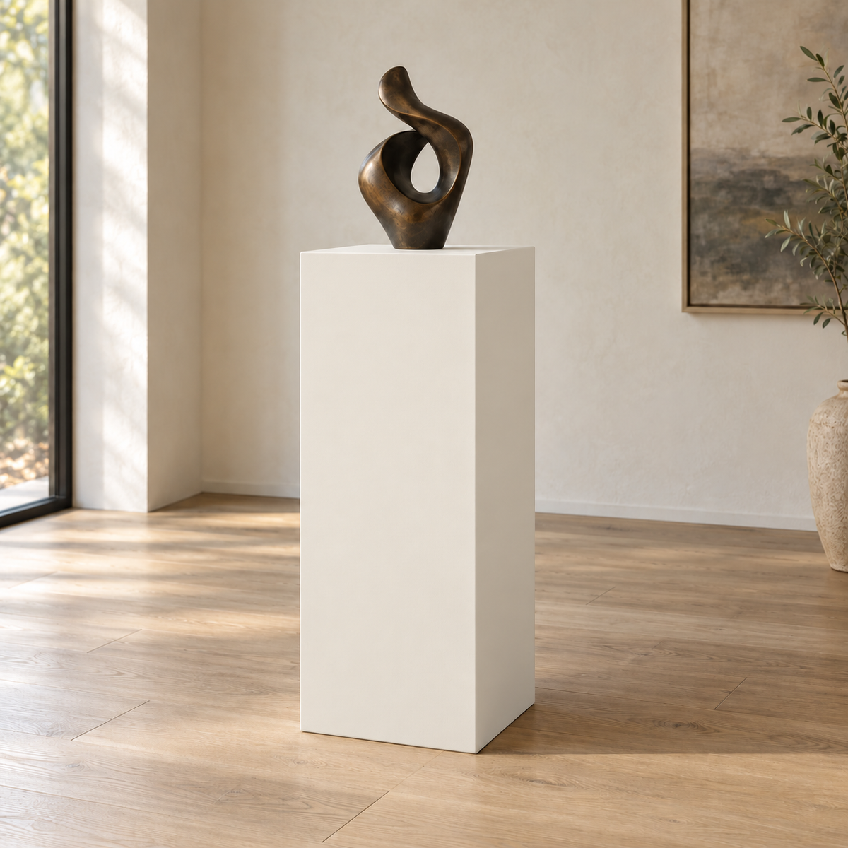 Pearly White SW 7009 painted display pedestal in a 04 tall gallery nook setting; representative room rendering.