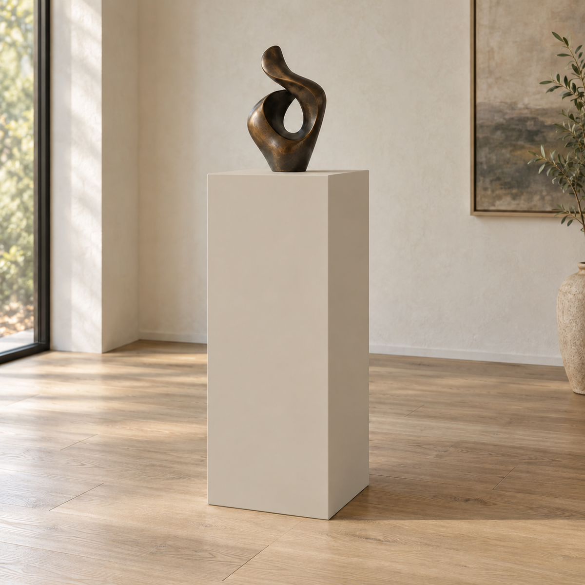 Accessible Beige SW 7036 painted display pedestal in a 04 tall gallery nook setting; representative room rendering.