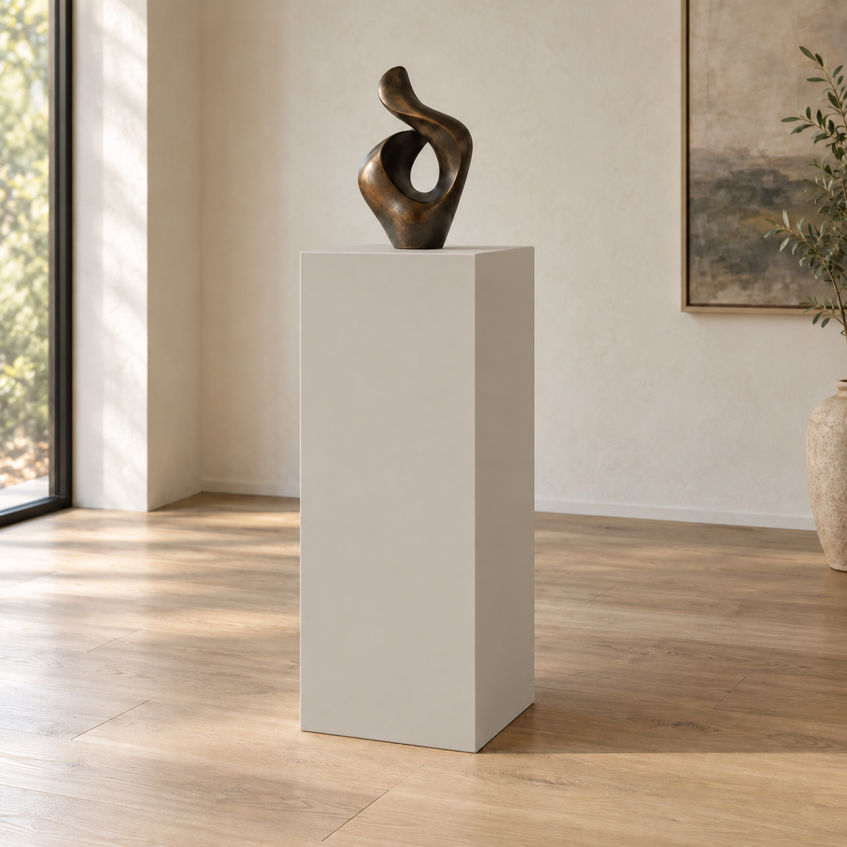Worldly Gray SW 7043 painted display pedestal in a 04 tall gallery nook setting; representative room rendering.