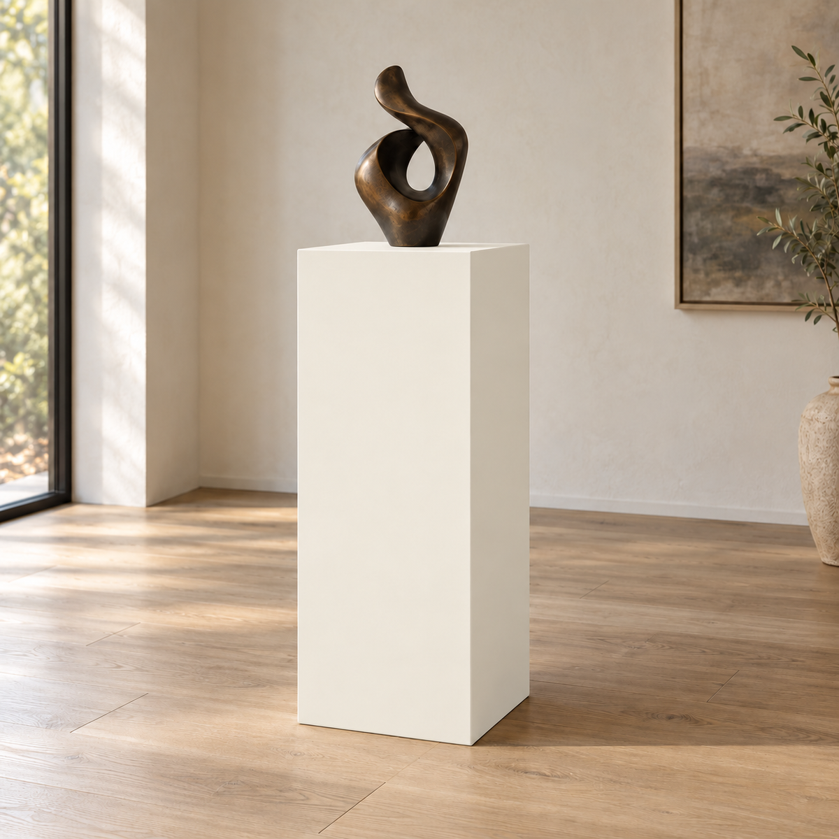 Greek Villa SW 7551 painted display pedestal in a 04 tall gallery nook setting; representative room rendering.