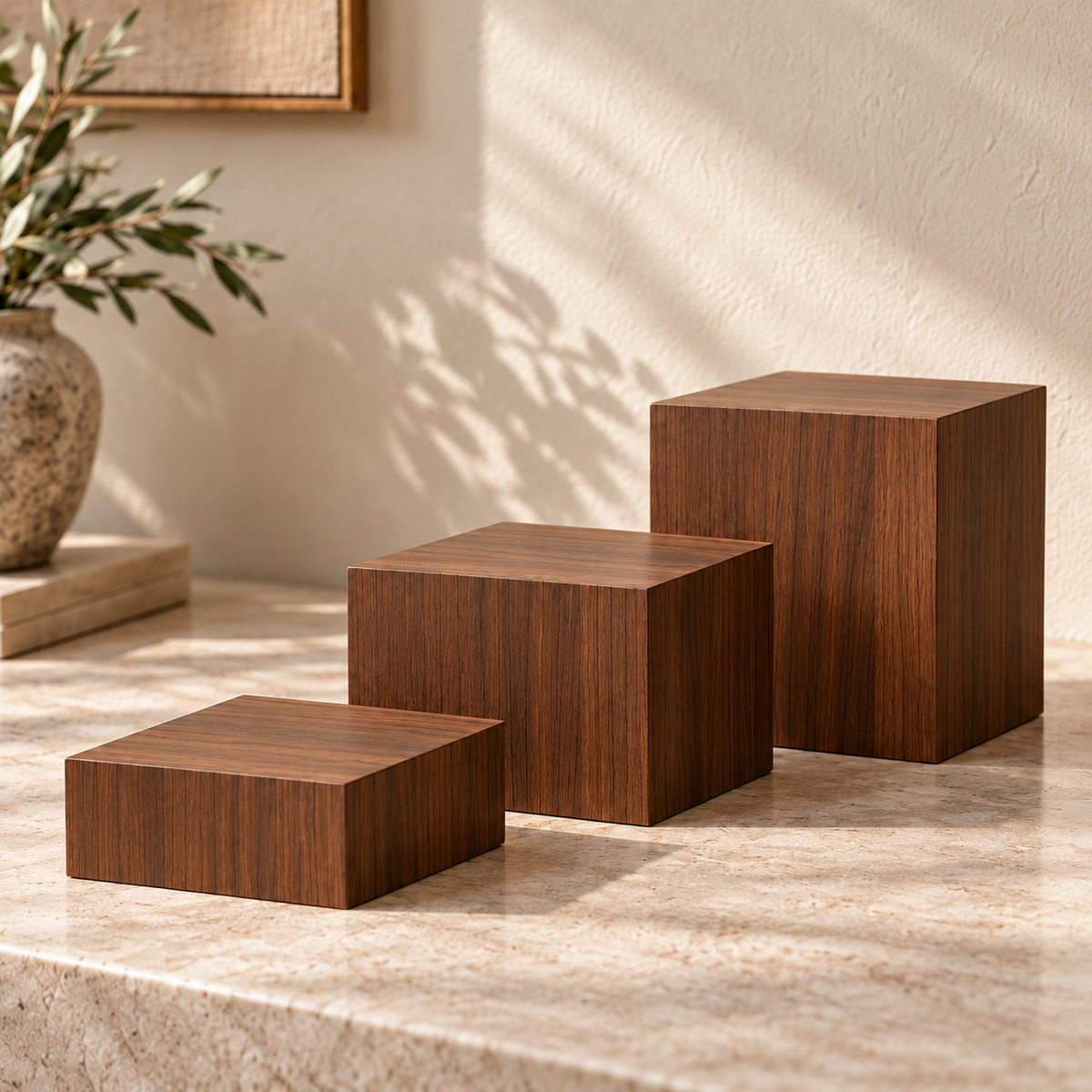 Titan natural walnut collectible pedestal set of three with vertical grain, in 2, 4 and 6 inch heights; concept rendering.