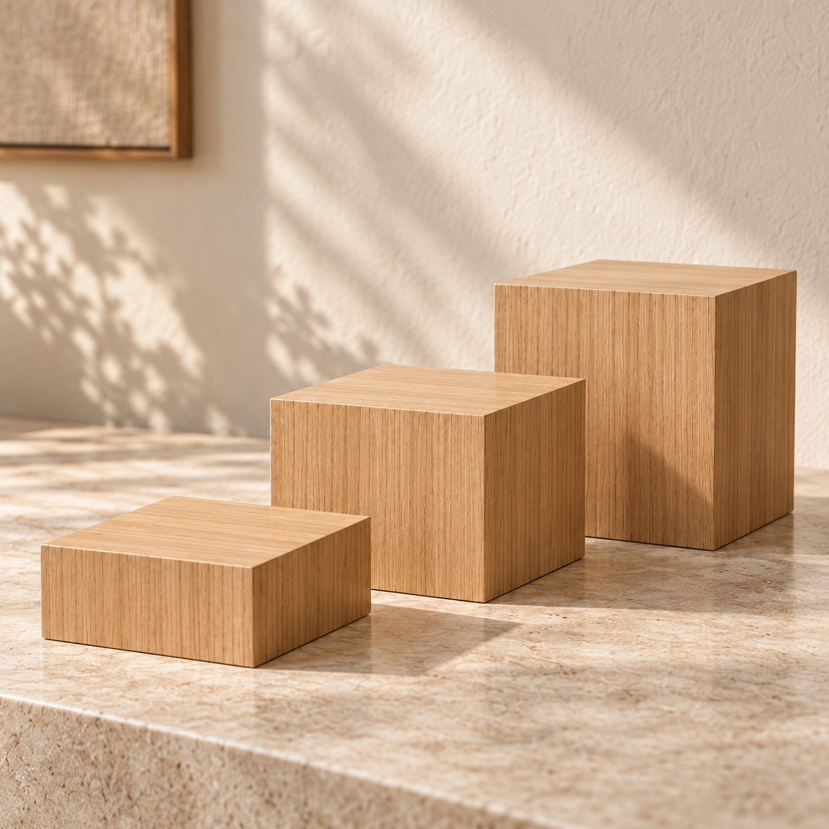 Titan natural white oak collectible pedestal set of three with vertical grain, in 2, 4 and 6 inch heights; concept rendering.