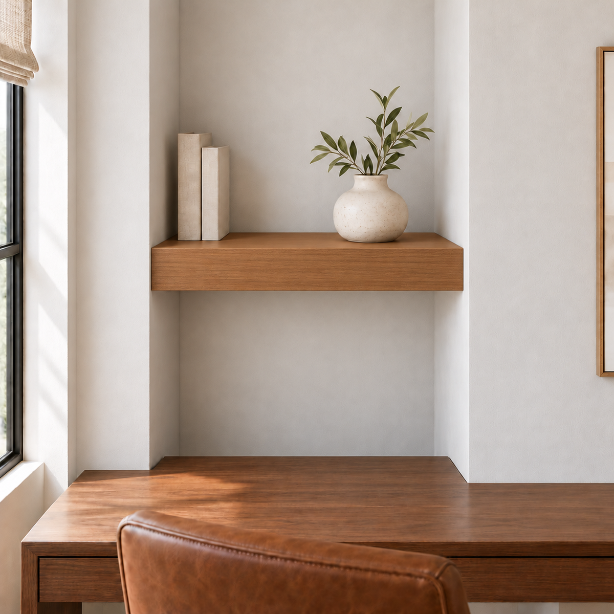 Clear Alder floating shelf in Rubio Monocoat Castle Brown, Wall to Wall mount; unlit representative compact-proportion room rendering, not dimension-specific.