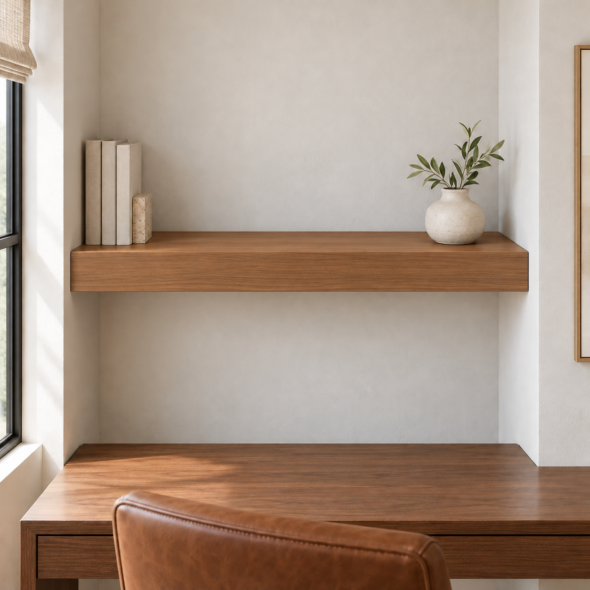Clear Alder floating shelf in Rubio Monocoat Castle Brown, Wall to Wall mount; unlit representative medium-proportion room rendering, not dimension-specific.