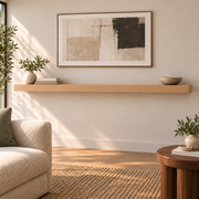 Clear Alder floating shelf in Rubio Monocoat Pure, Standard mount; unlit representative long-proportion room rendering, not dimension-specific.