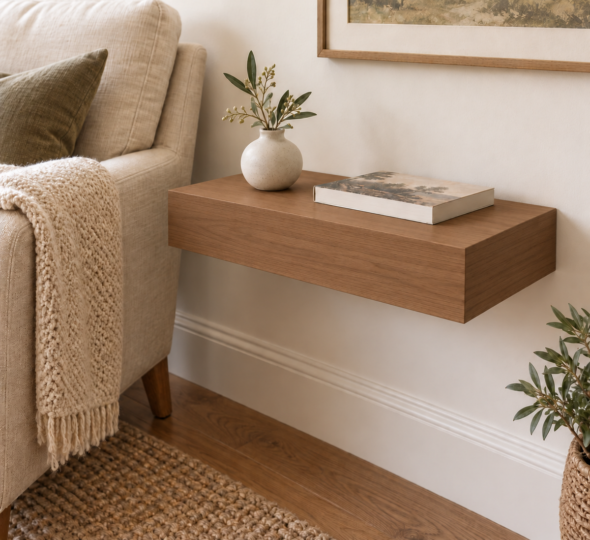 Clear Alder floating shelf in Rubio Monocoat Walnut, Standard mount; unlit representative compact-proportion room rendering, not dimension-specific.