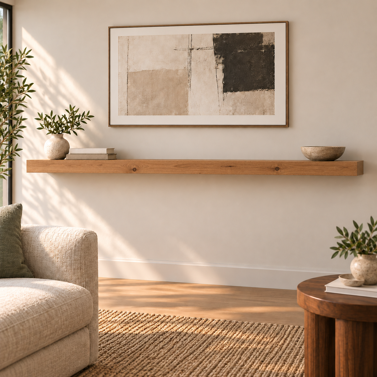 Knotty Alder floating shelf in Rubio Monocoat Bourbon, Standard mount; unlit representative long-proportion room rendering, not dimension-specific.