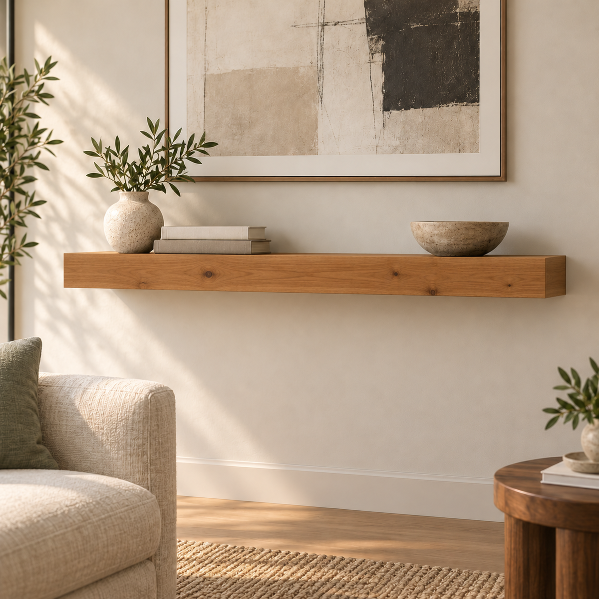 Knotty Alder floating shelf in Rubio Monocoat Bourbon, Standard mount; unlit representative medium-proportion room rendering, not dimension-specific.