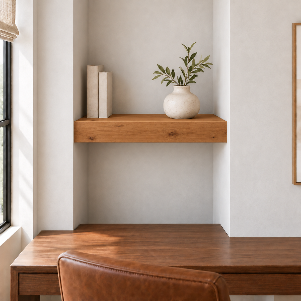 Knotty Alder floating shelf in Rubio Monocoat Bourbon, Wall to Wall mount; unlit representative compact-proportion room rendering, not dimension-specific.