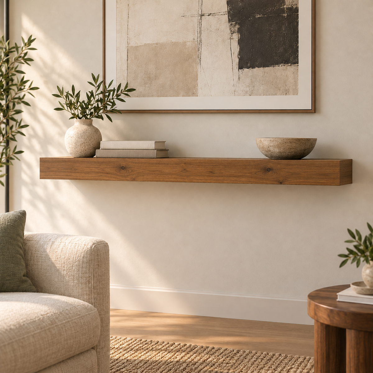 Knotty Alder floating shelf in Rubio Monocoat Dark Oak, Standard mount; unlit representative medium-proportion room rendering, not dimension-specific.