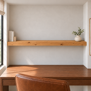 Knotty Alder floating shelf in Rubio Monocoat Pure, Wall to Wall mount; unlit representative long-proportion room rendering, not dimension-specific.