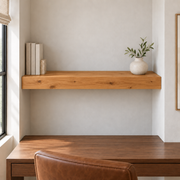 Knotty Alder floating shelf in Rubio Monocoat Pure, Wall to Wall mount; unlit representative medium-proportion room rendering, not dimension-specific.