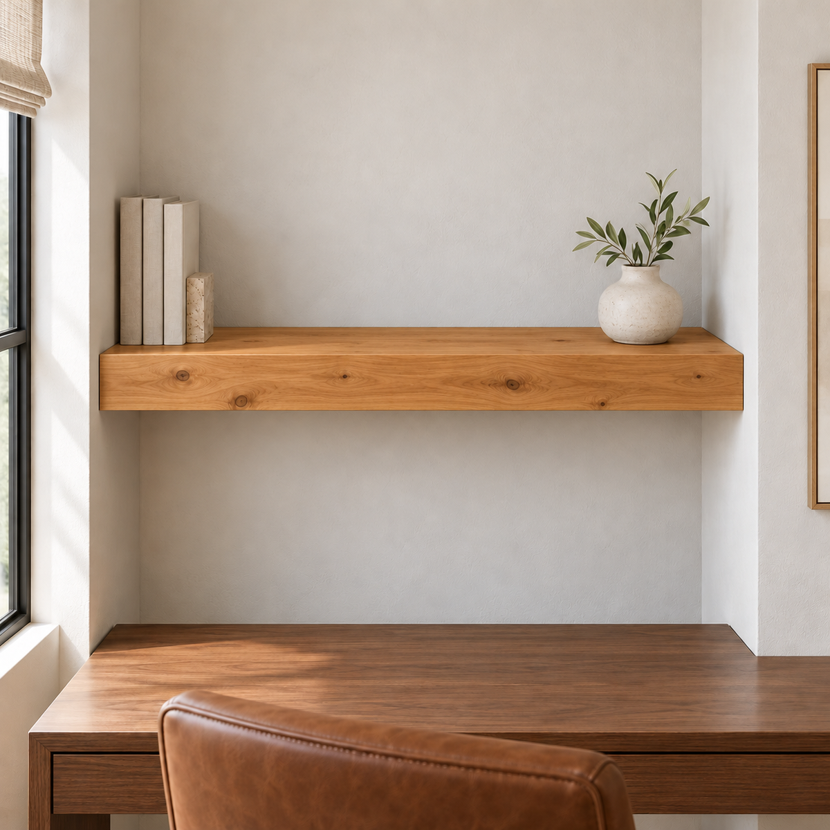 Knotty Alder floating shelf in Rubio Monocoat Pure, Wall to Wall mount; unlit representative medium-proportion room rendering, not dimension-specific.