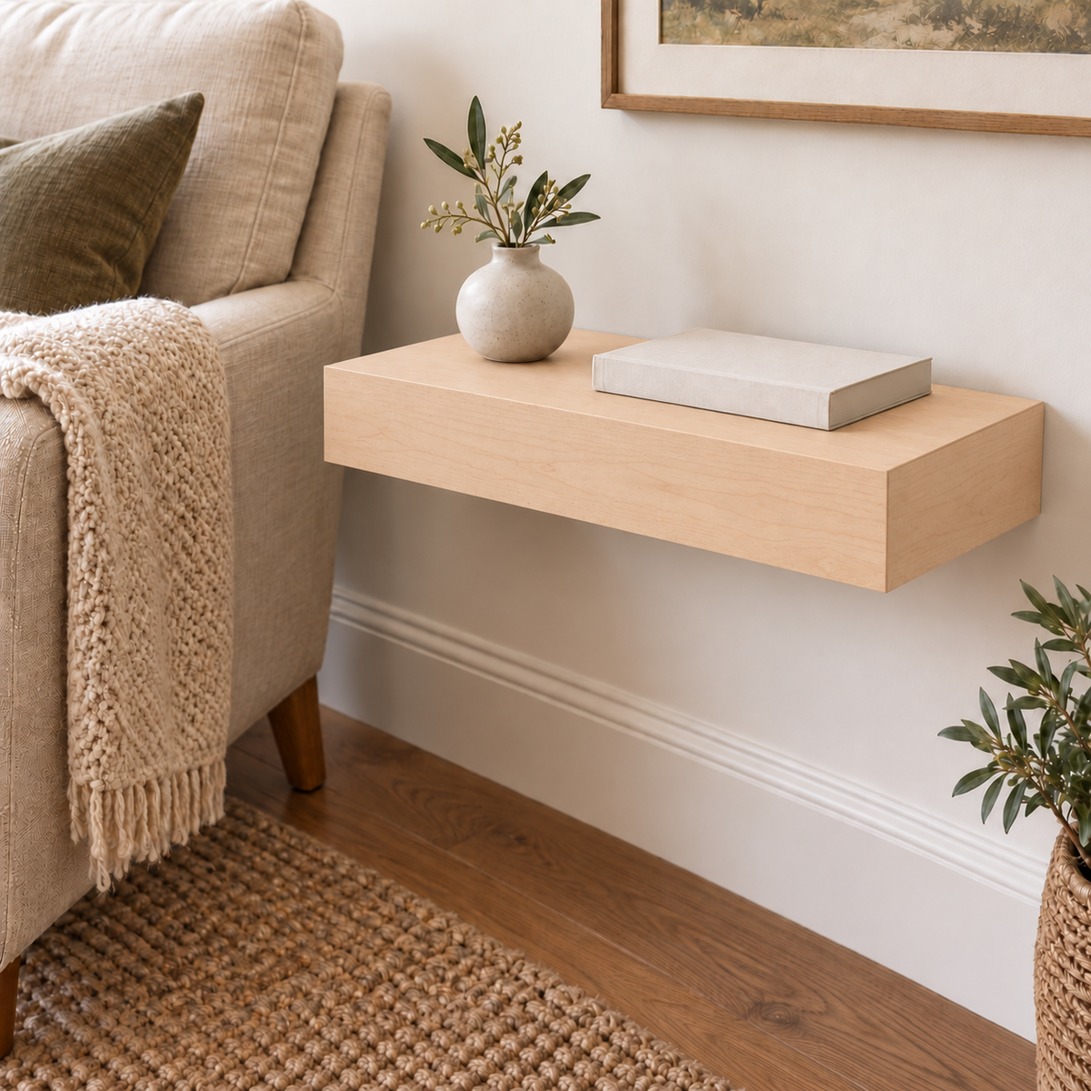 Maple floating shelf in Unfinished / Stain Ready, Standard mount; unlit representative compact-proportion room rendering, not dimension-specific.