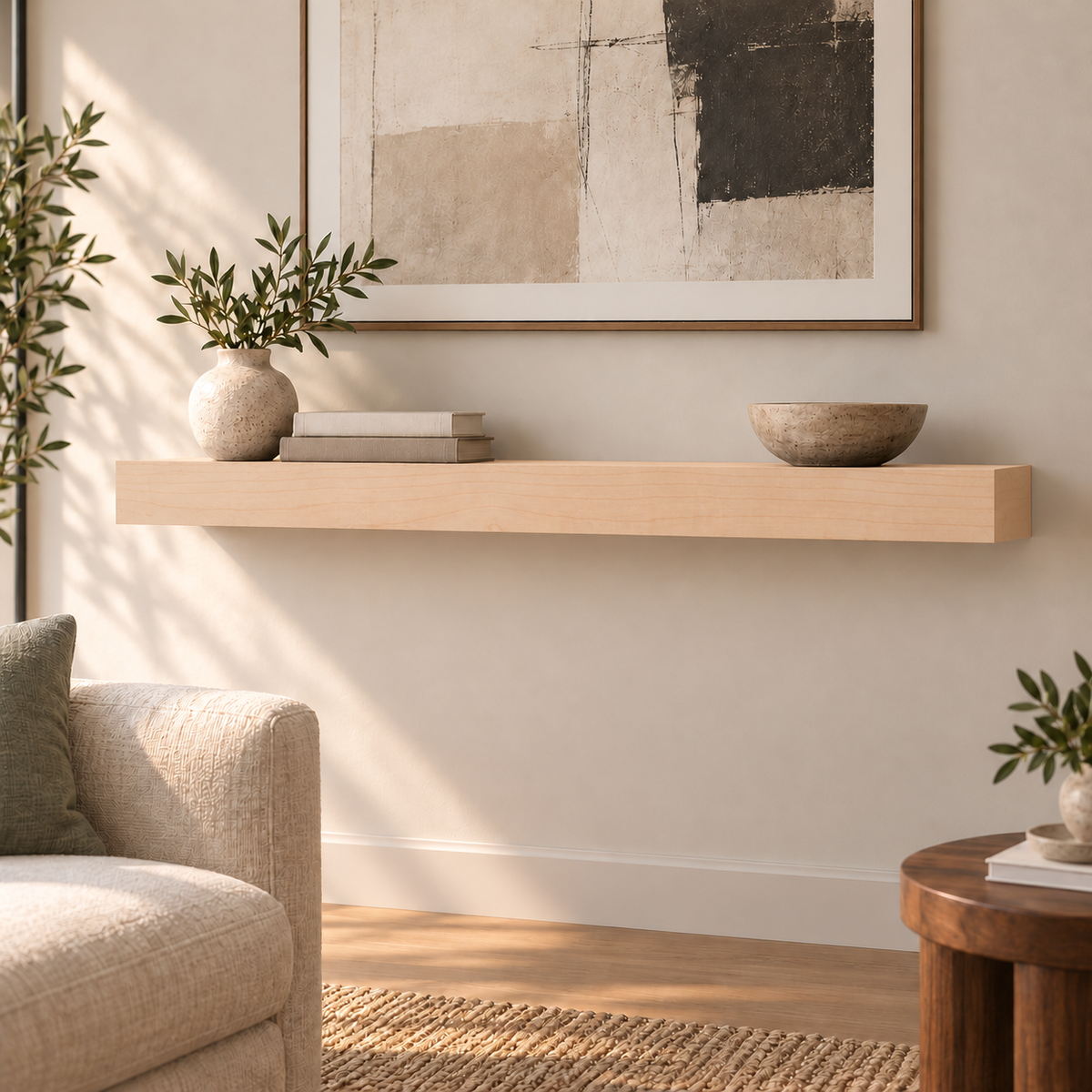 Maple floating shelf in Unfinished / Stain Ready, Standard mount; unlit representative medium-proportion room rendering, not dimension-specific.