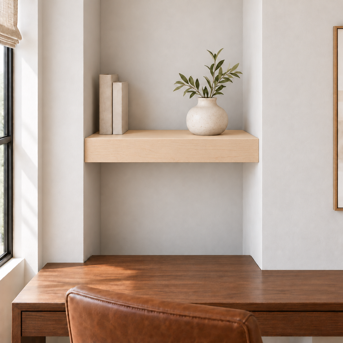 Maple floating shelf in Unfinished / Stain Ready, Wall to Wall mount; unlit representative compact-proportion room rendering, not dimension-specific.
