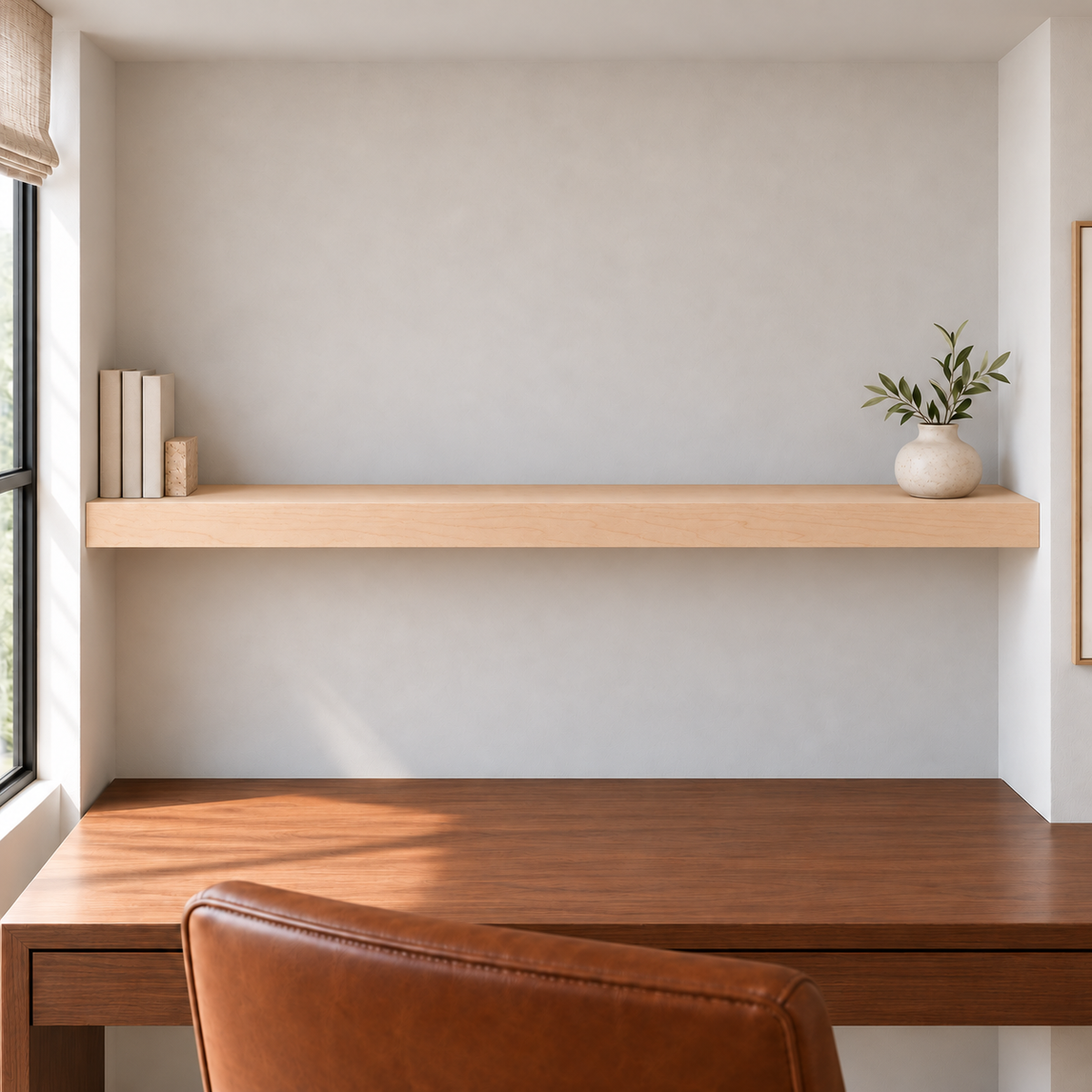 Maple floating shelf in Unfinished / Stain Ready, Wall to Wall mount; unlit representative long-proportion room rendering, not dimension-specific.